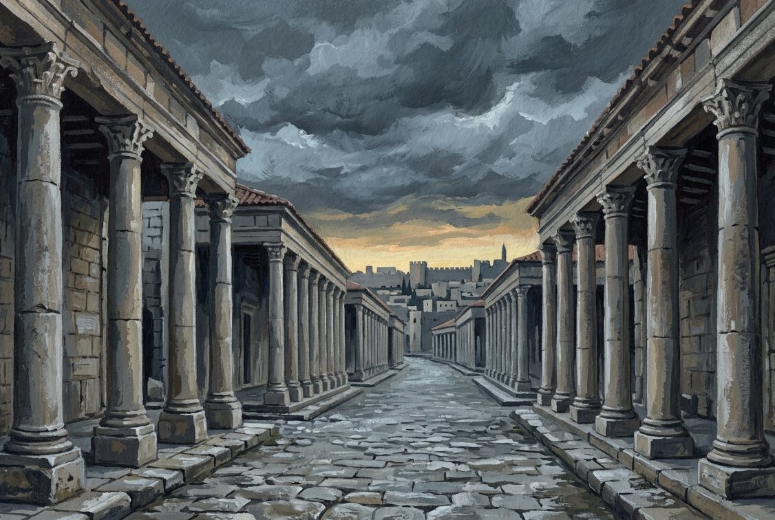 Illustration: an empty Roman colonnaded street under storm clouds