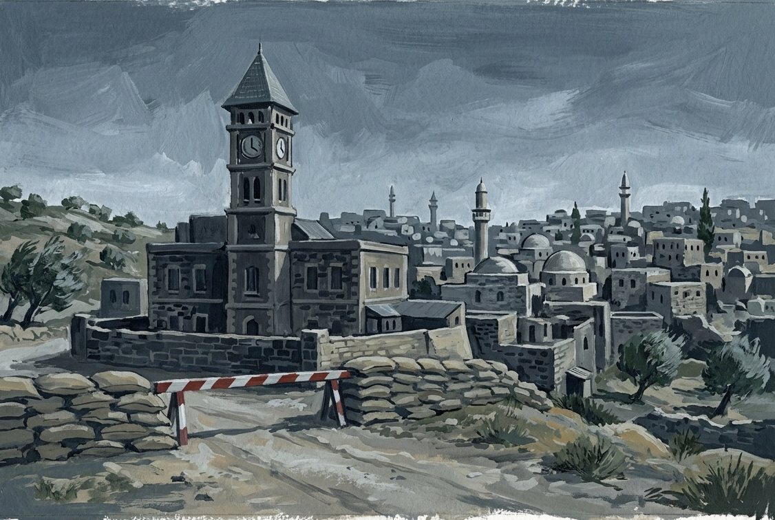 Illustration: a colonial administrative building behind sandbags