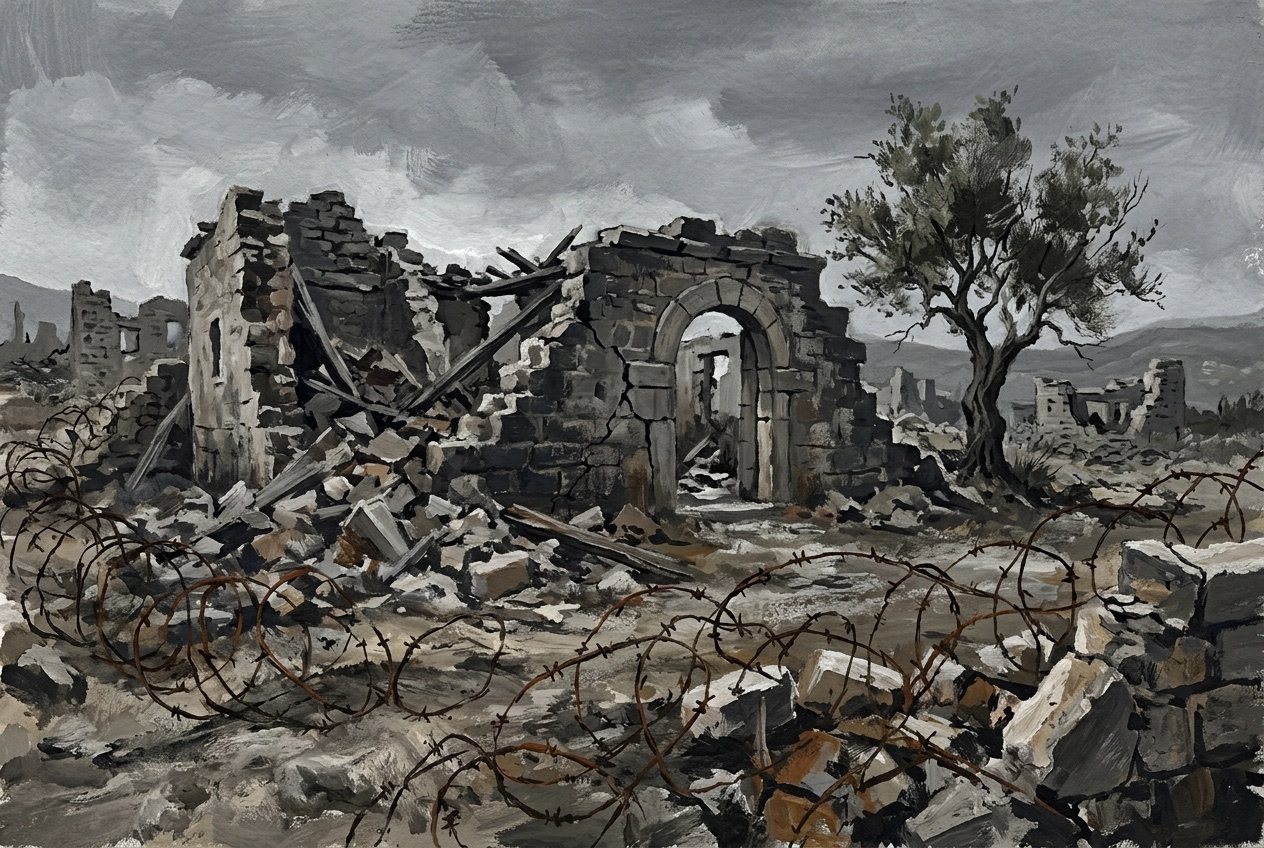 Illustration: a demolished stone house with barbed wire and one olive tree
