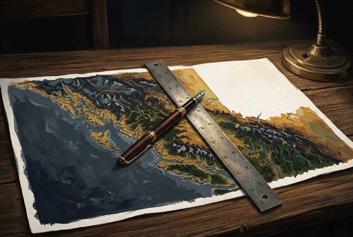 Illustration: a map on a desk with a ruler and pen dividing it