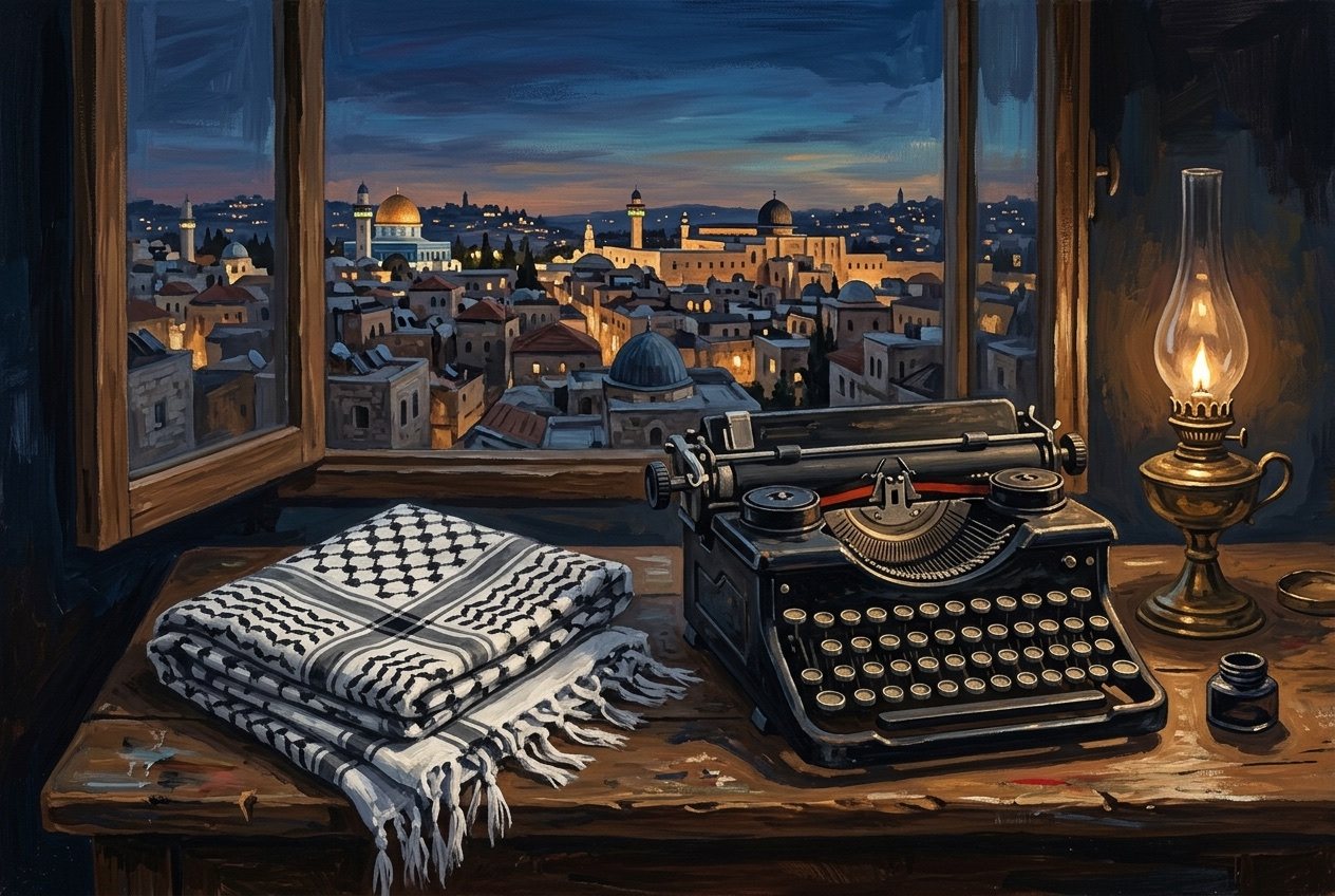 Illustration: a folded keffiyeh on a desk beside a typewriter