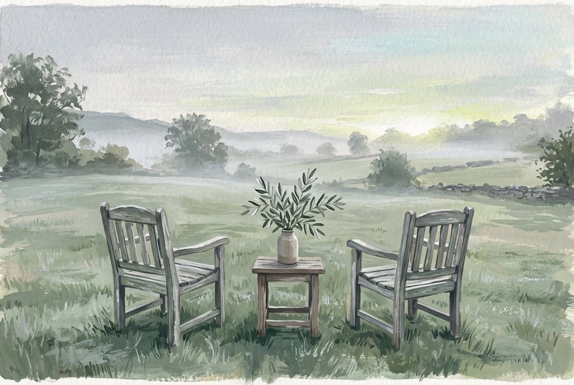 Illustration: two empty chairs facing each other on a misty lawn