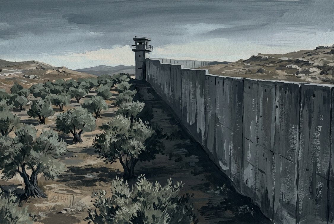 Illustration: a concrete wall cutting through an olive grove