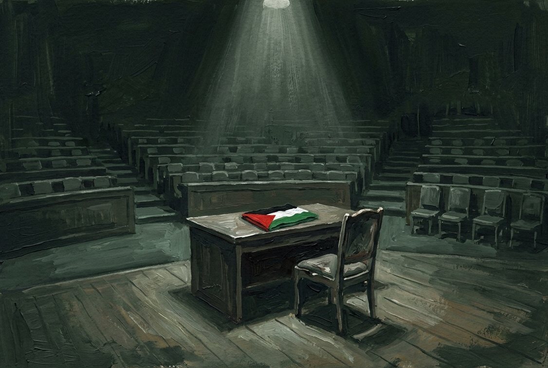 Illustration: an empty seat and a small folded flag in a dim assembly hall