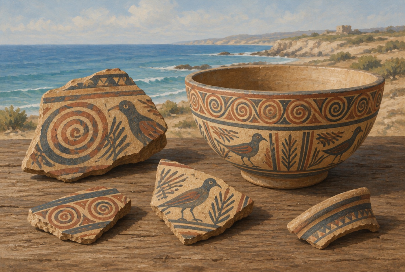 Illustration: painted pottery fragments and a bowl on a table overlooking the Mediterranean